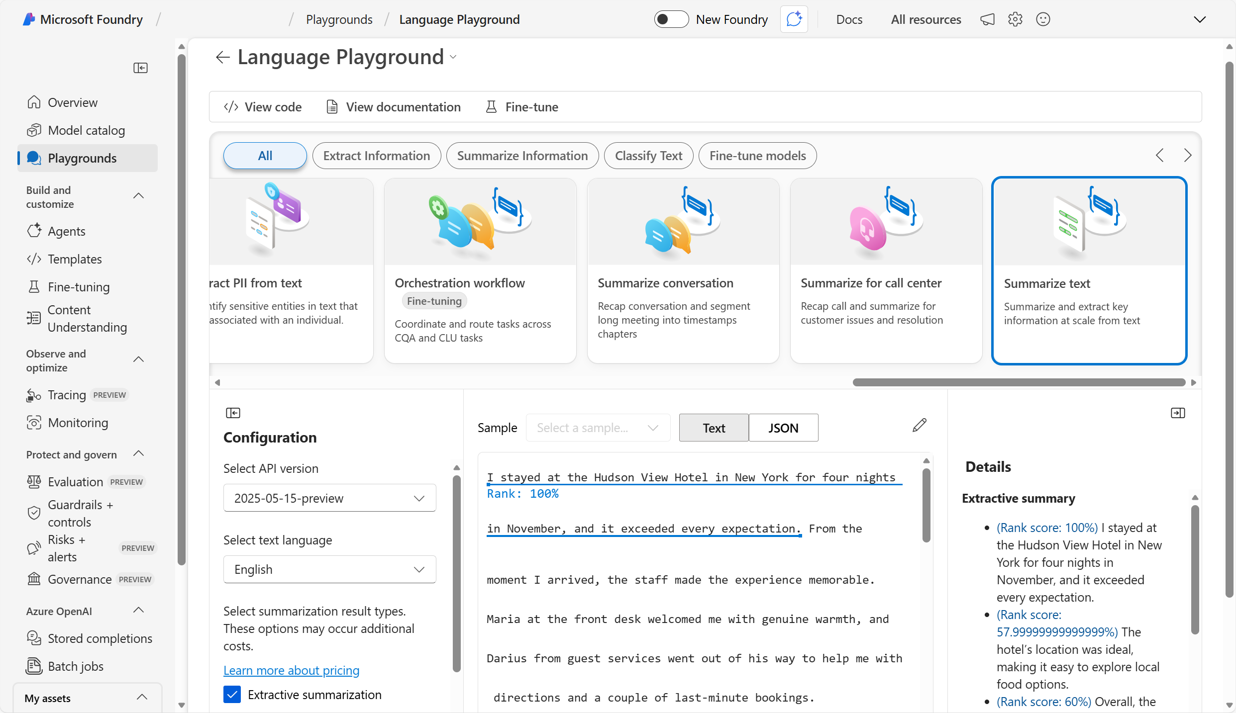 Screenshot of the Summarize text interface in the Language playground.