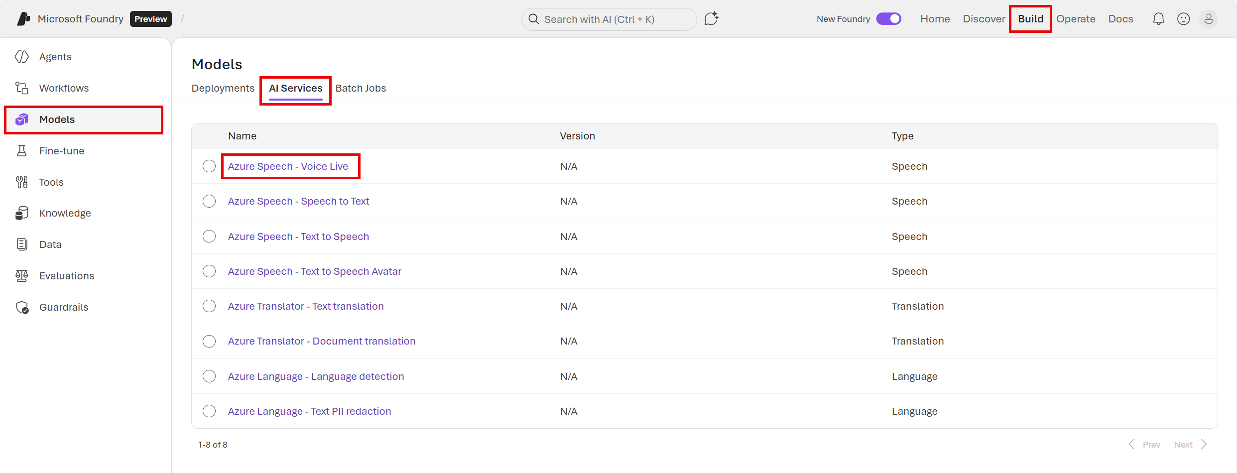 Screenshot of how to navigate to Speech Playground to test Azure Speech - Voice Live.