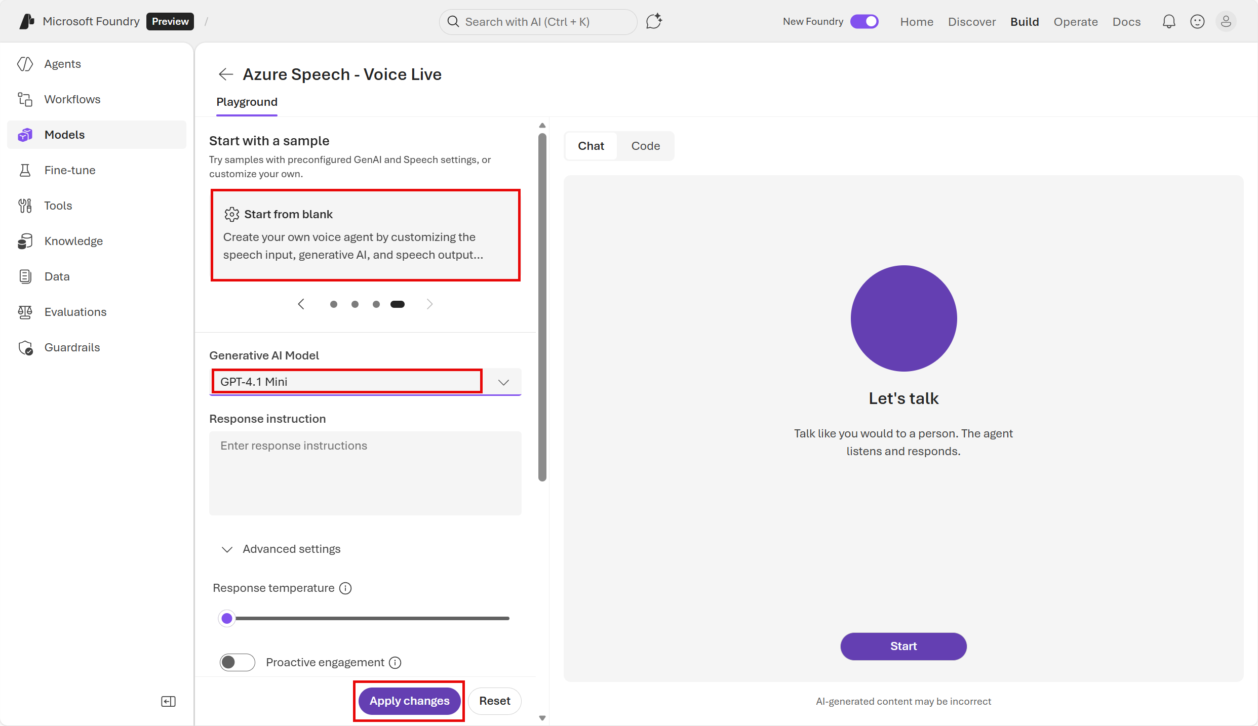Screenshot of Voice Live with GPT-4.1 Mini and blanck chat selected.