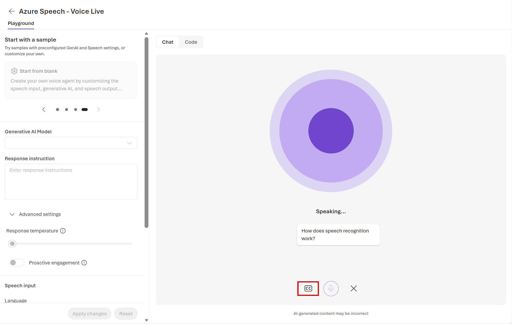Screenshot of the selected cc button to see the closed captions.