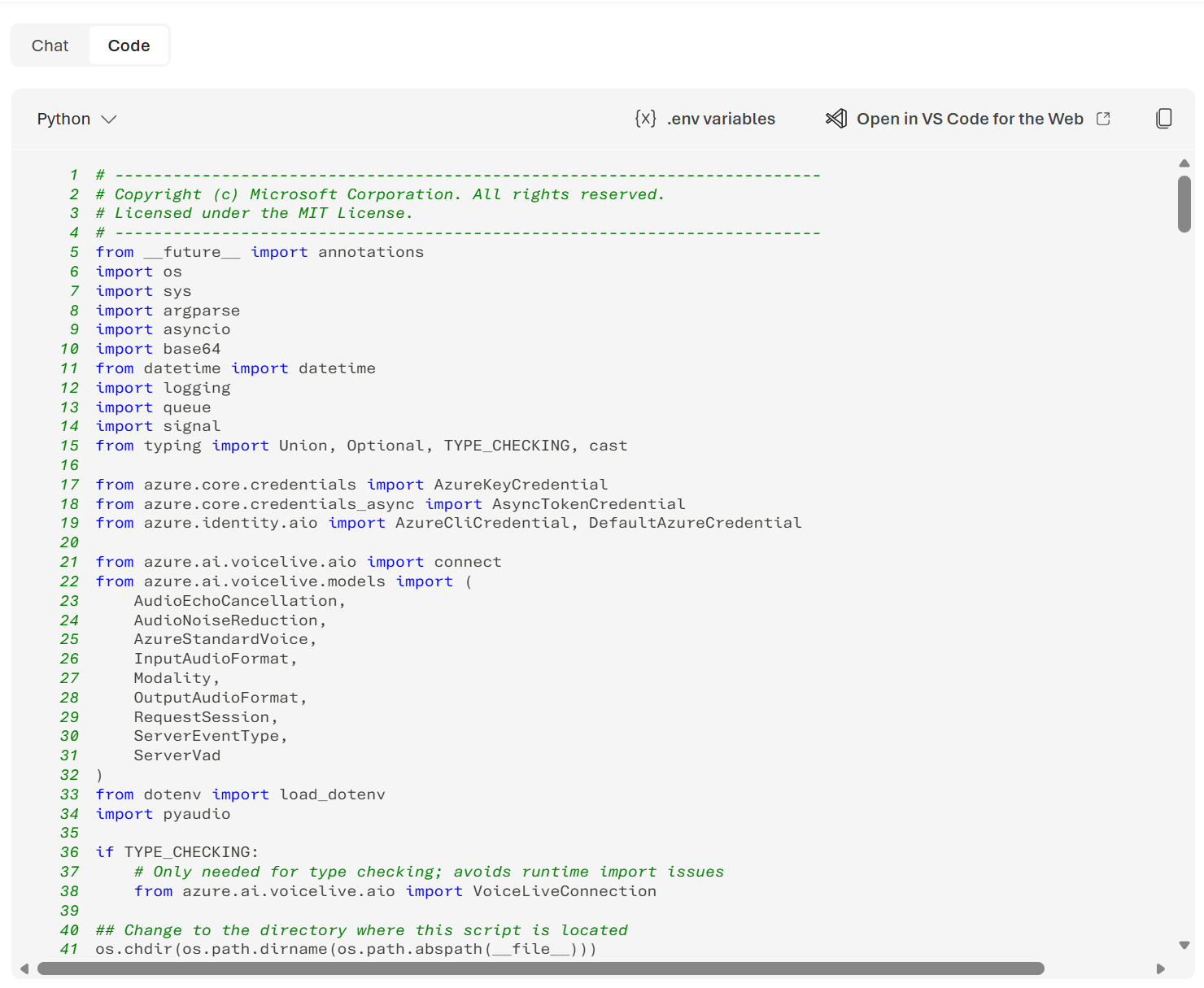 Screenshot of the start of the python code for the voice live app.