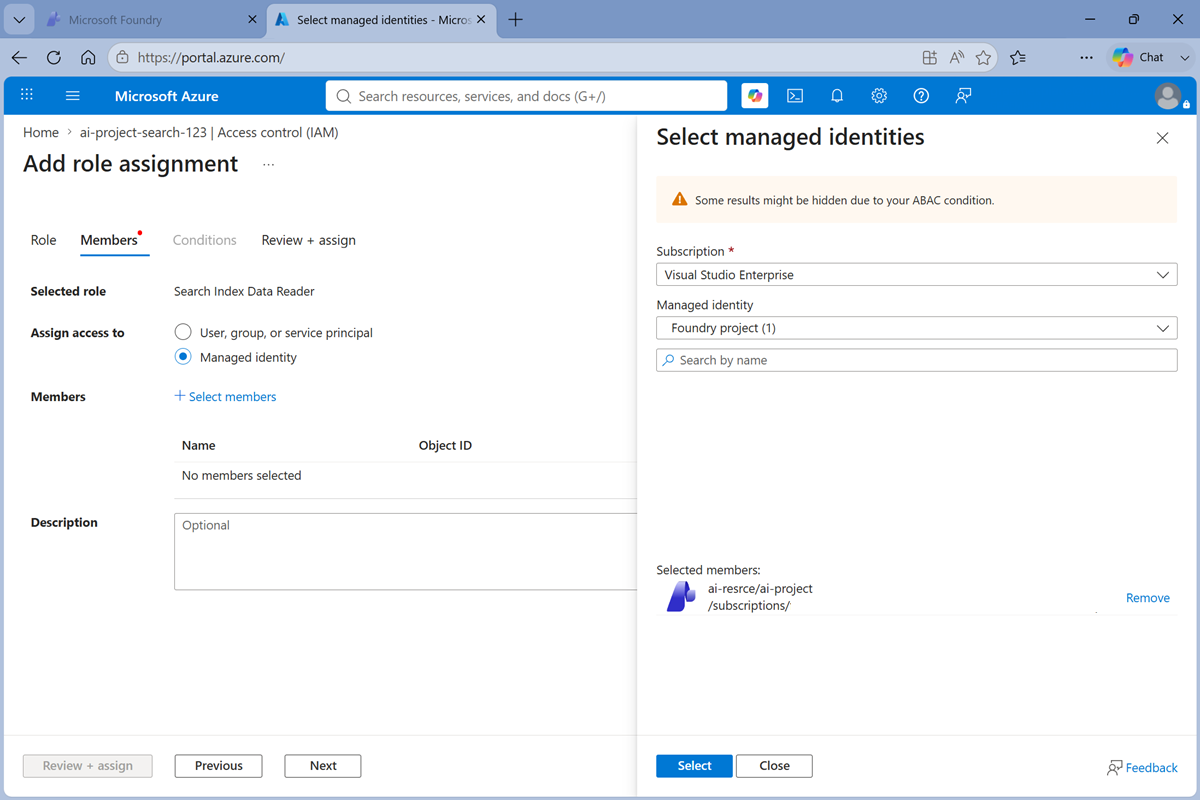 Screenshot of the Add role assignment (member) page.
