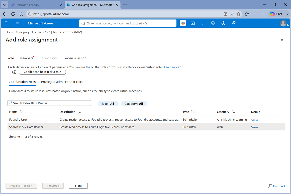 Screenshot of the Add role assignment (role) page.