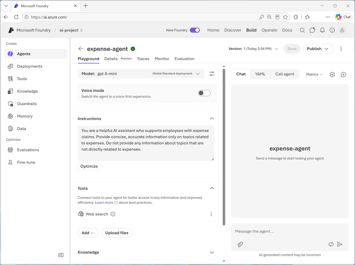 Screenshot of the agent playground.