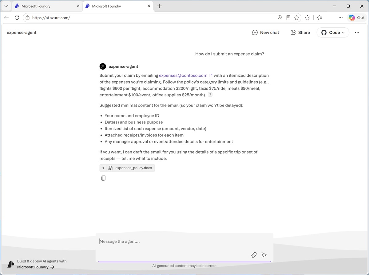 Screenshot of an agent preview chat interface.