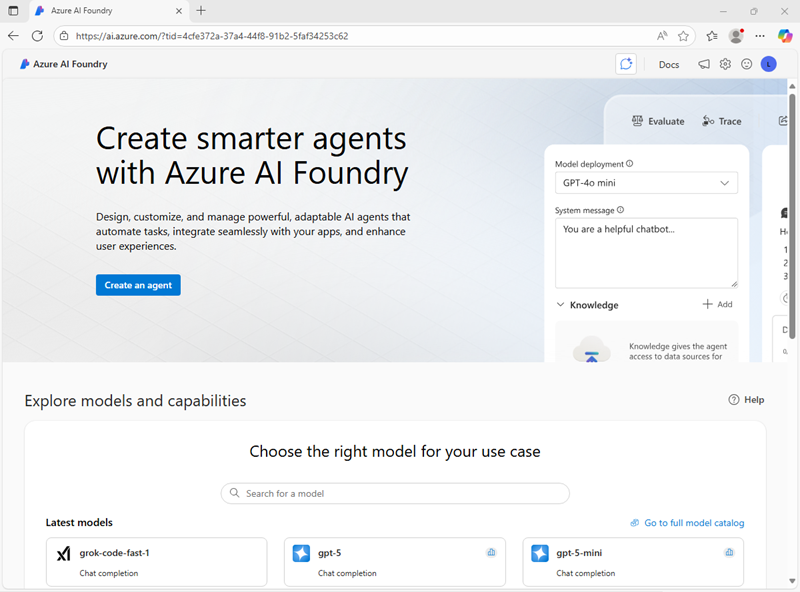 Screenshot of Azure AI Foundry portal home page.