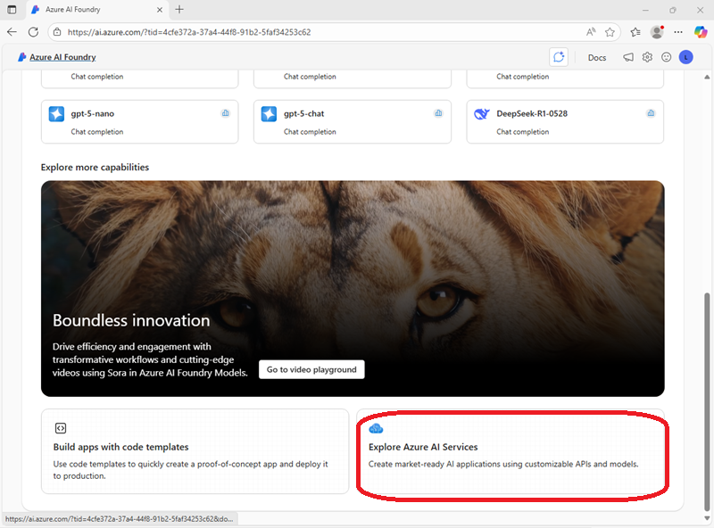Screenshot of the Explore Azure AI Services tile.