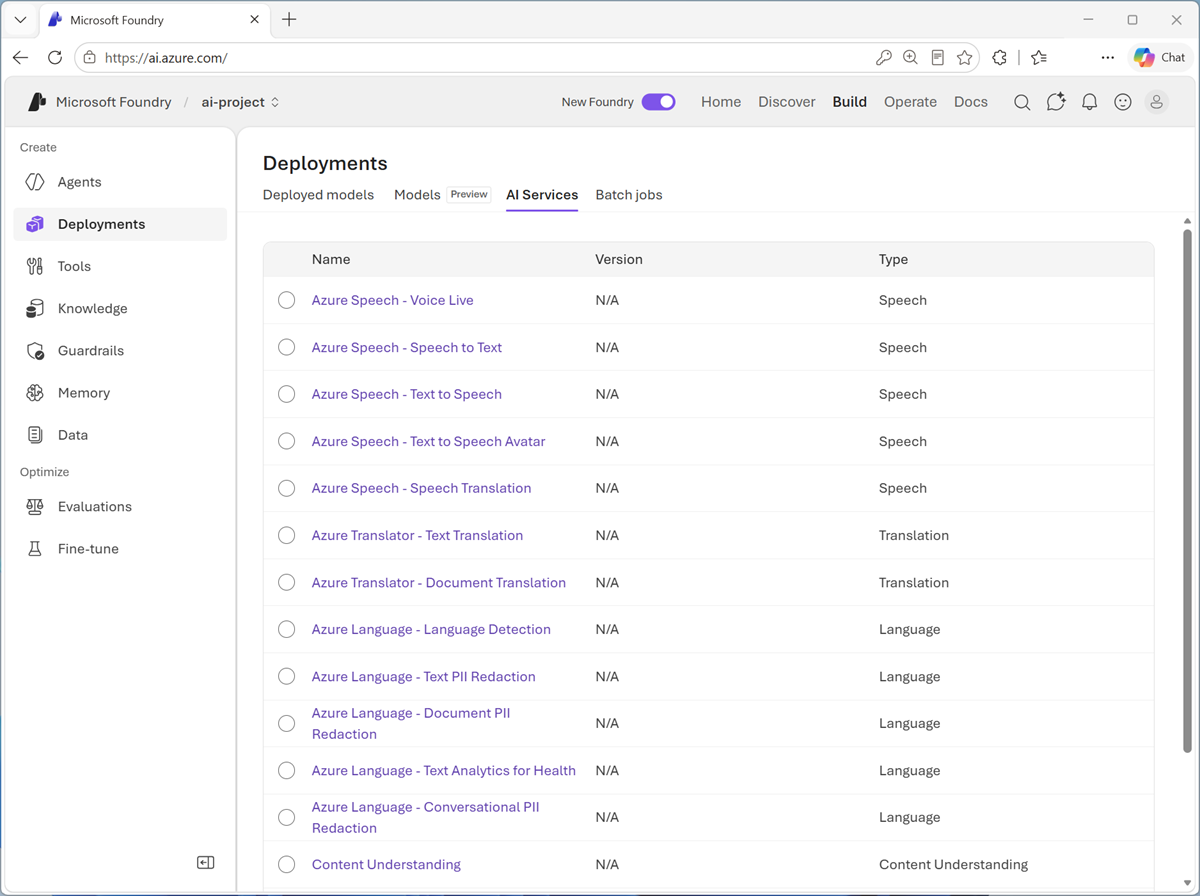 Screenshot of Foundry AI services page.