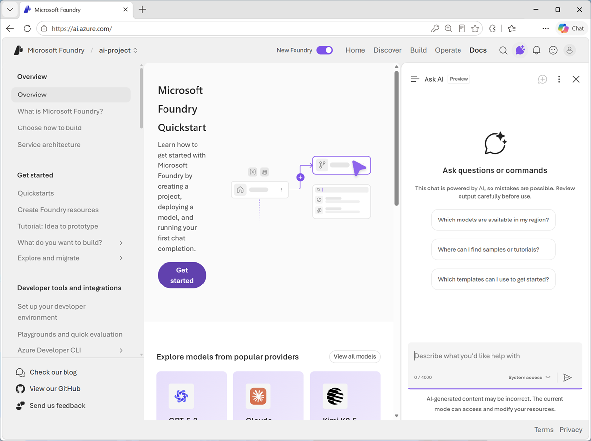 Screenshot of Ask AI pane in the Foundry portal.