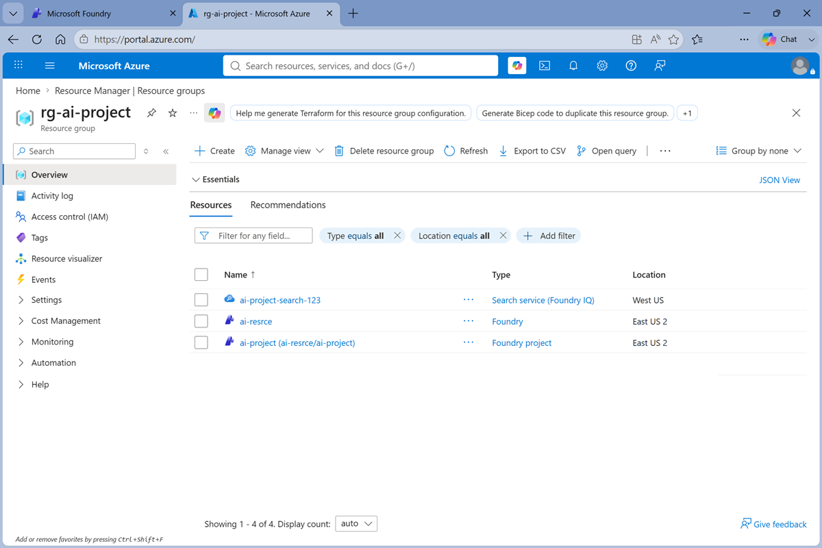 Screenshot of resources in the Foundry portal.