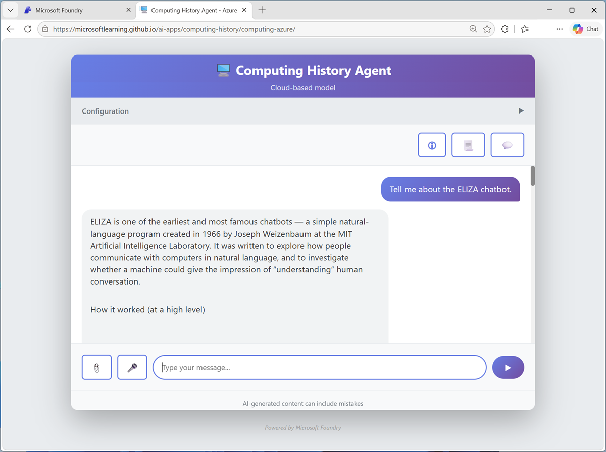 Screenshot of the Computing History app response to a prompt.