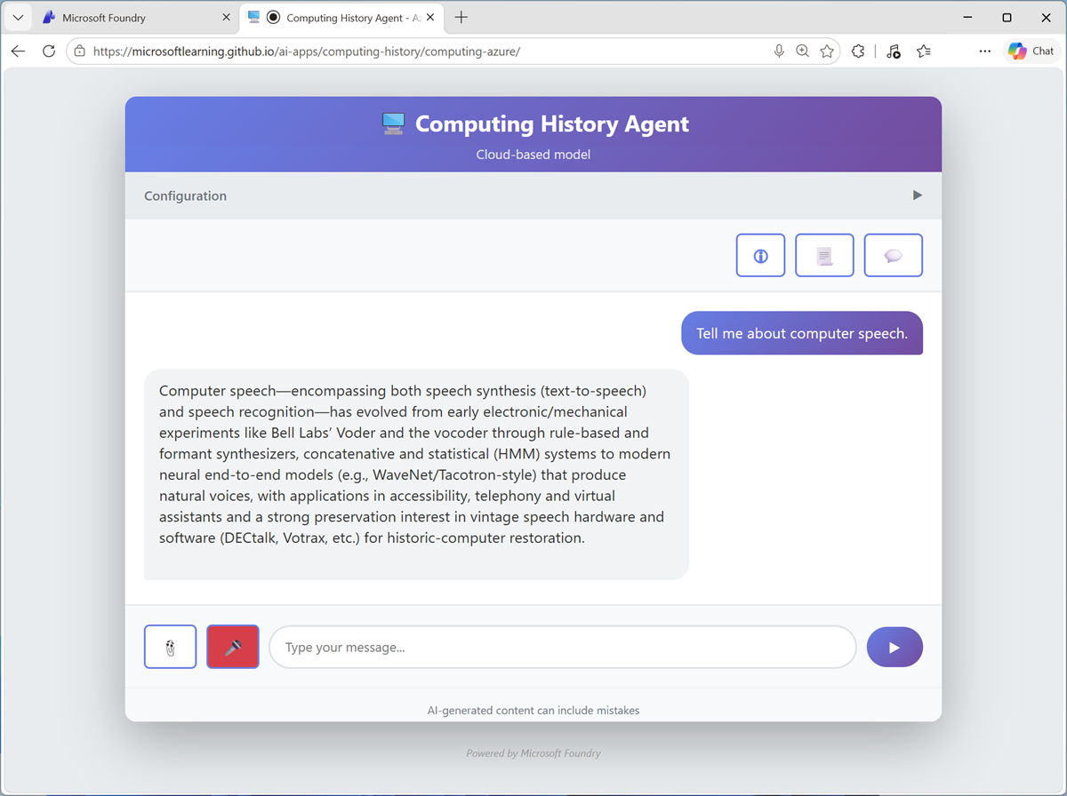 Screenshot of the Computing History app using voice input.