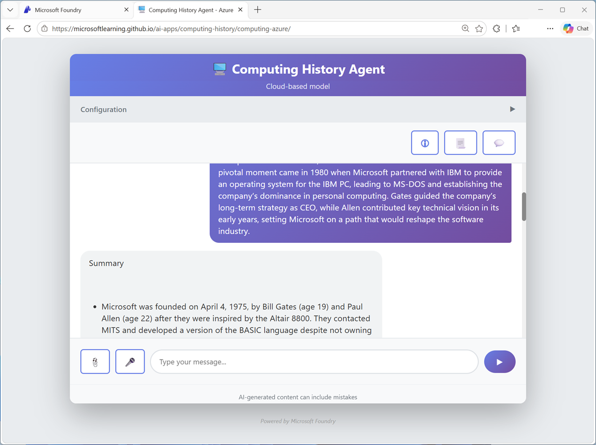 Screenshot of the Computing History app text analysis results.