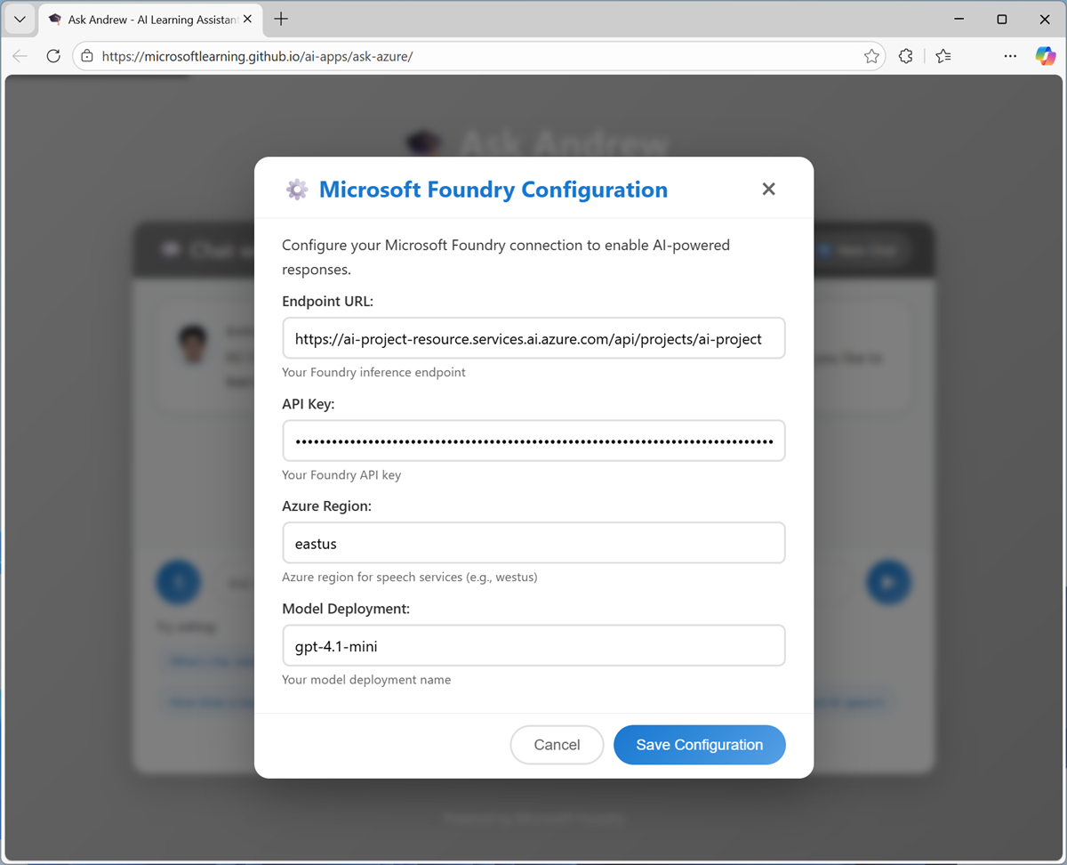 Screenshot of the Ask Andrew app configuration page.
