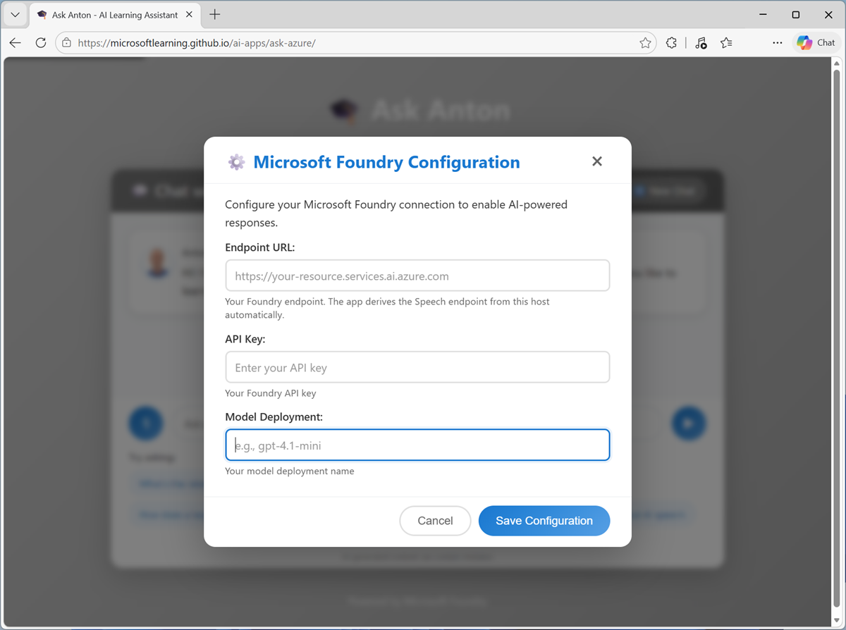 Screenshot of the Ask Anton app configuration page.