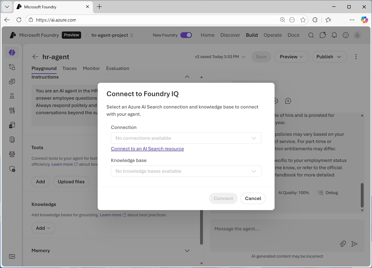 Screenshot of Connect to Foundry IQ dialog.