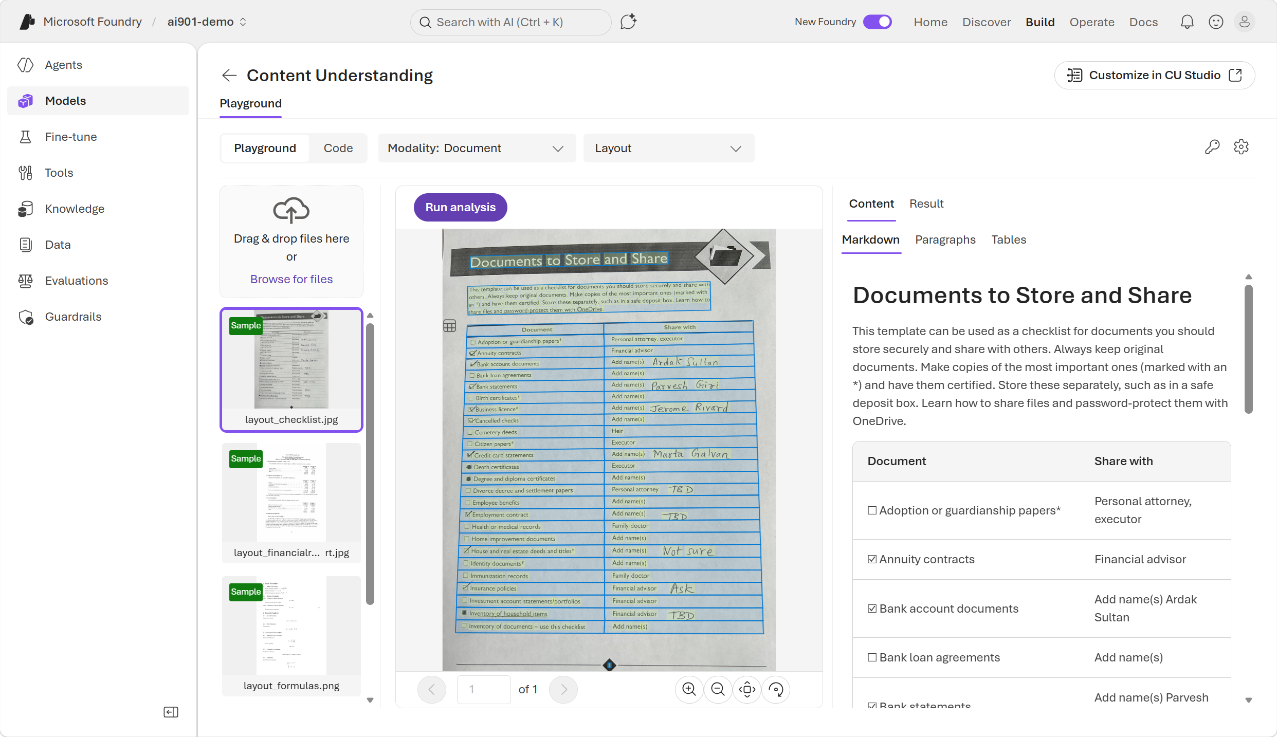 Screenshot of the results of analysing the layout checklist.