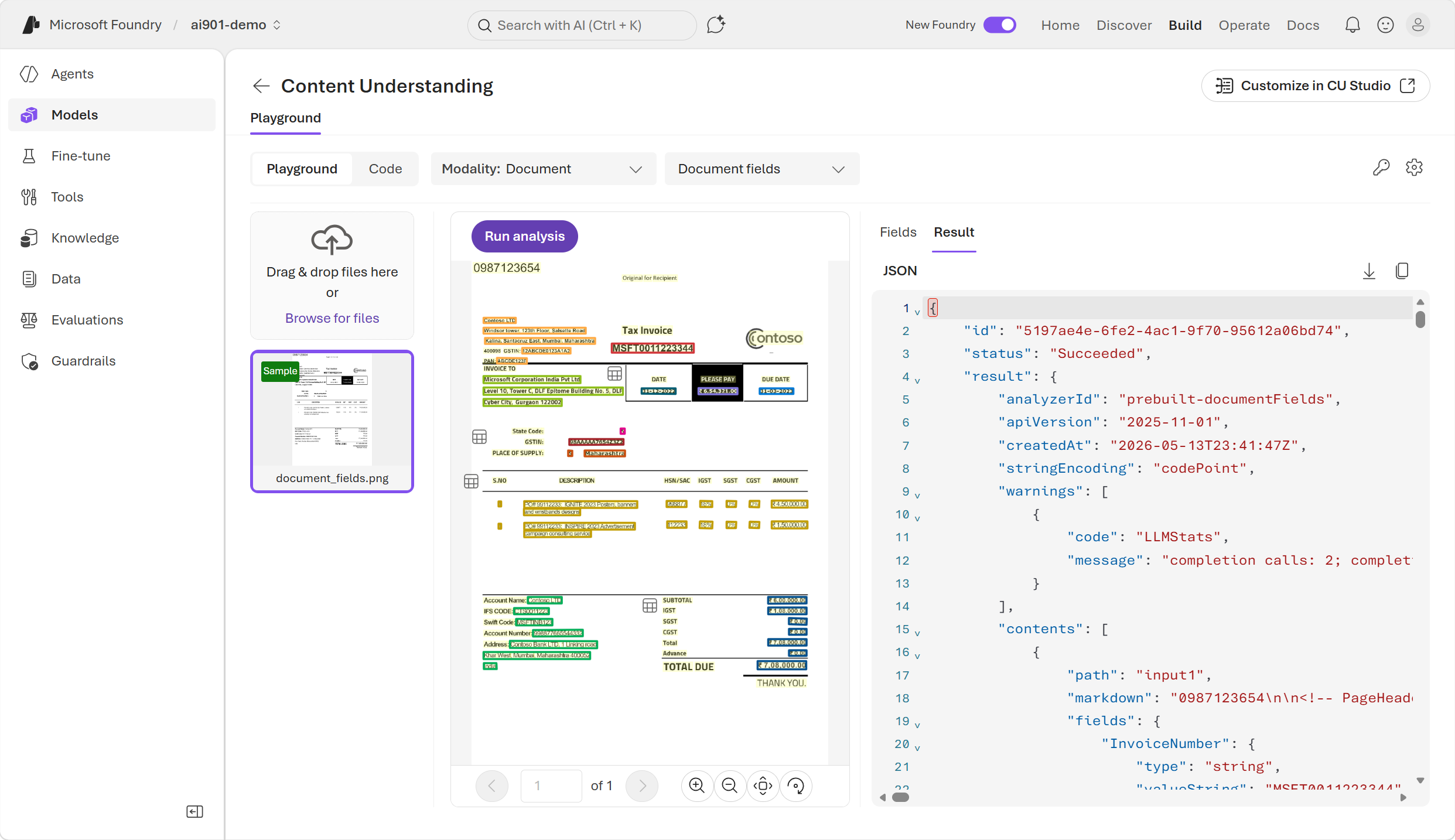 Screenshot of the JSON results of using the document analyzer on the invoice.