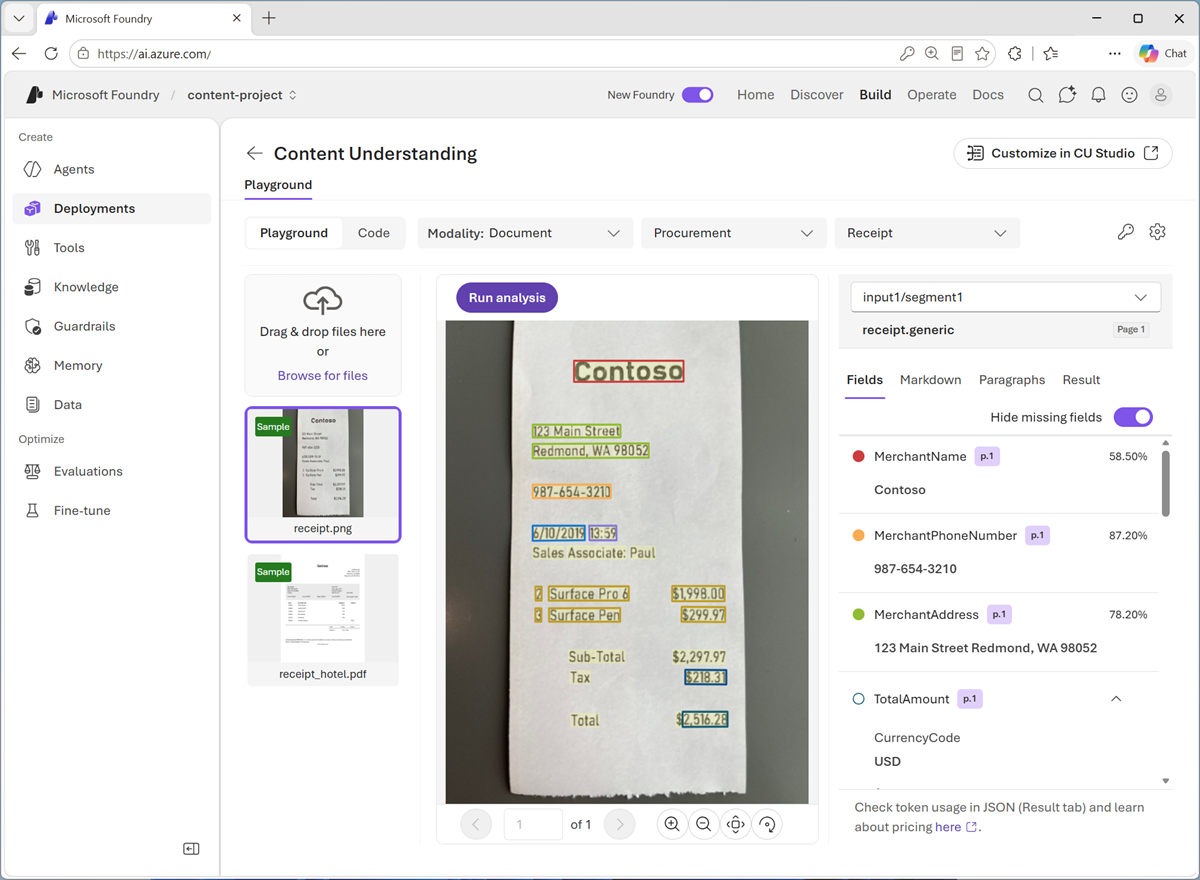 Screenshot of the table results of receipt analysis.