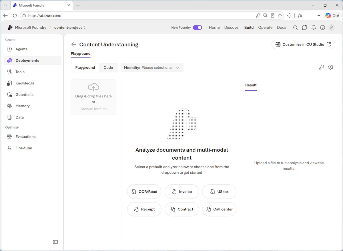 Screenshot of the Content Understanding playground.