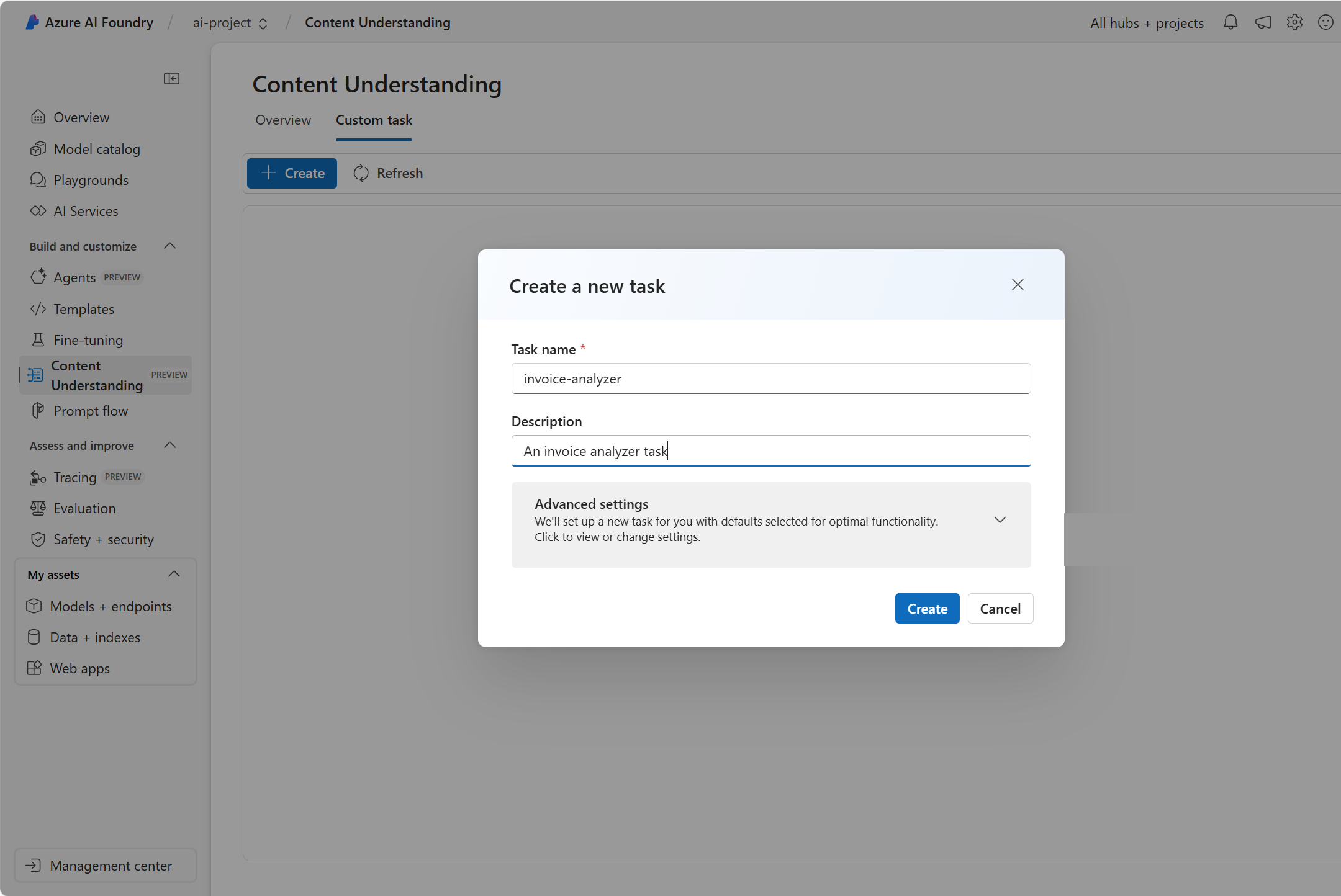 Screenshot of the content understanding main page.