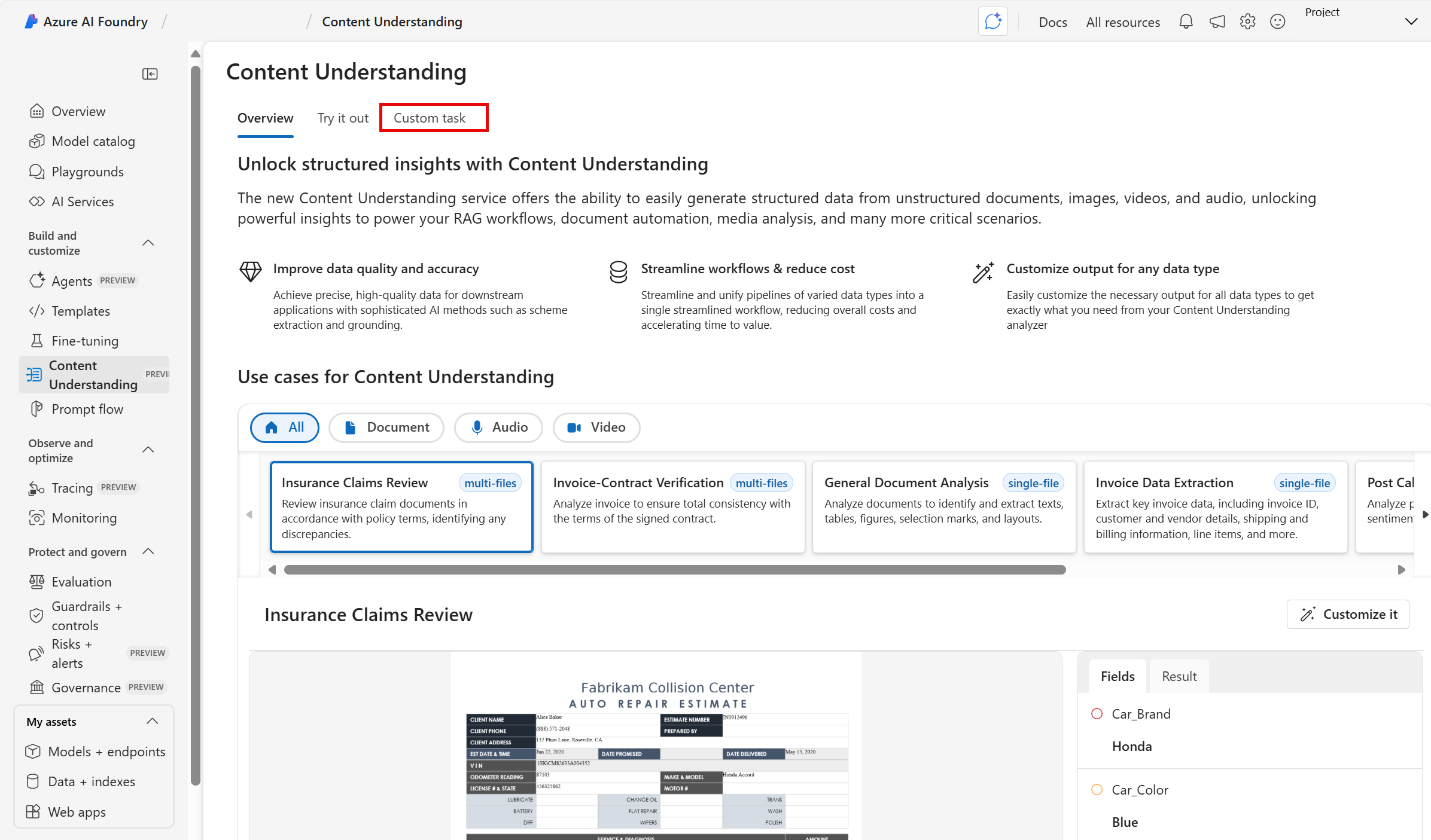 Screenshot of the Content Understanding Portal with a red box around the custom task tab.