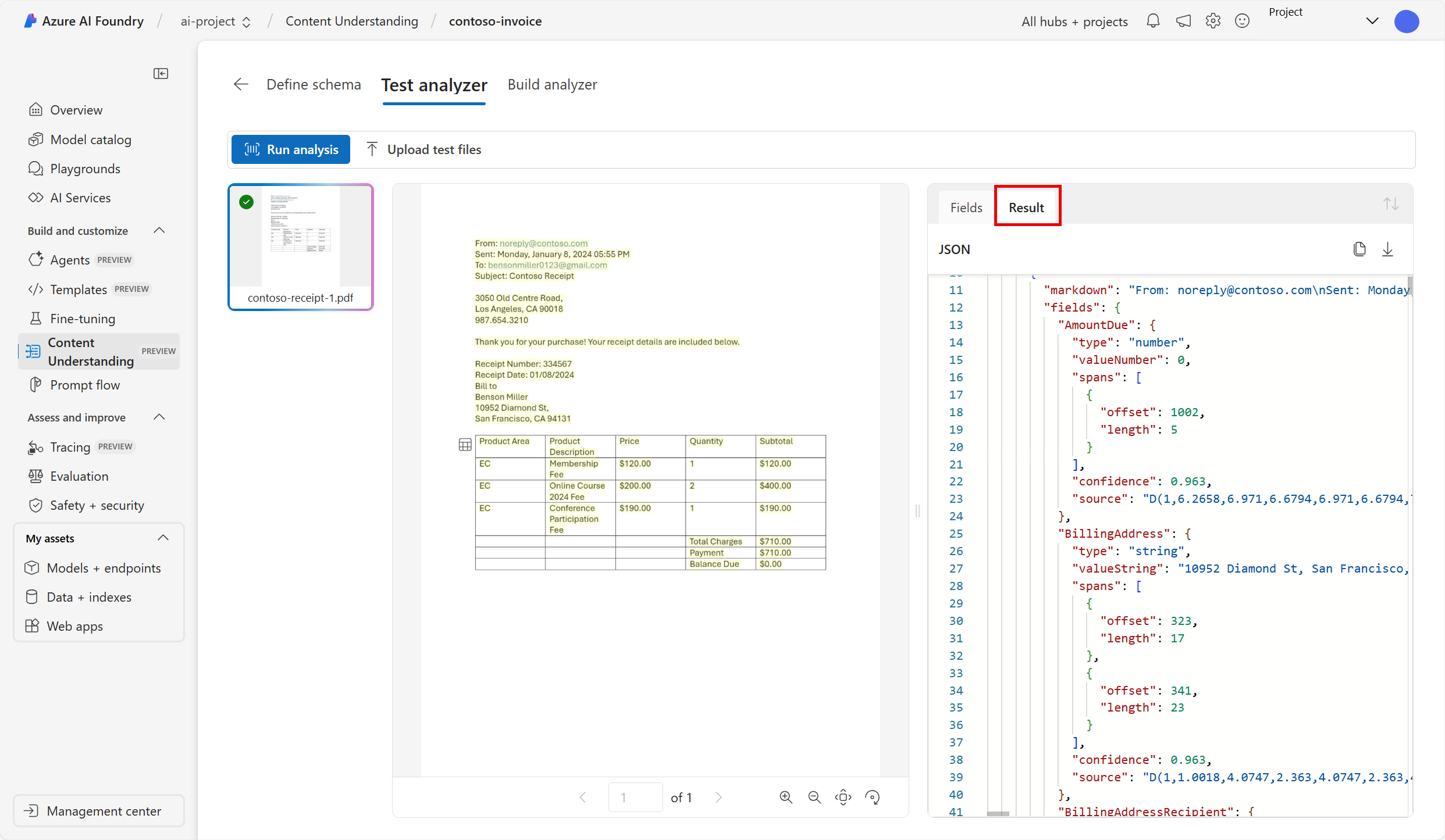 Screenshot of the test analzyer page with the result tab highlighted.