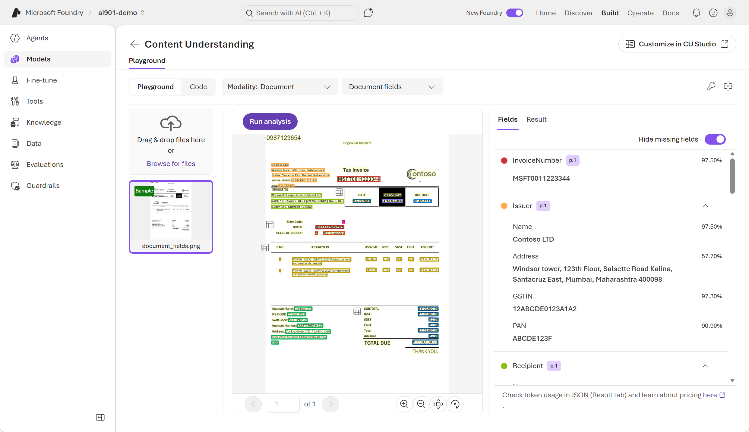 Screenshot of the results of using the document fields analzyer to analyze the Contoso invoice.
