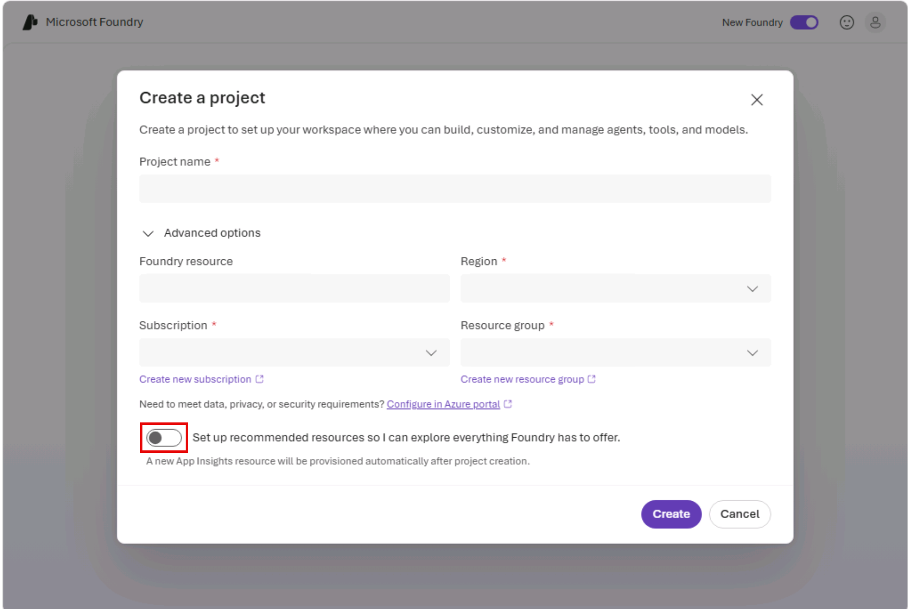 Screenshot of the create a project page with the set up recommended resources option deselected.