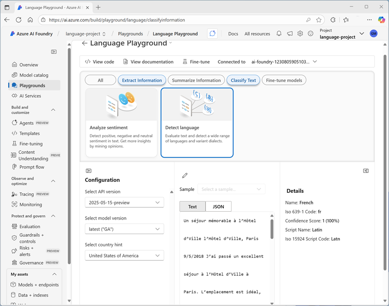 Screenshot of the Detect language interface in the Language playground.