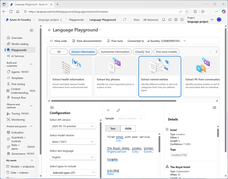 Screenshot of the Extract named entities interface in the Language playground.