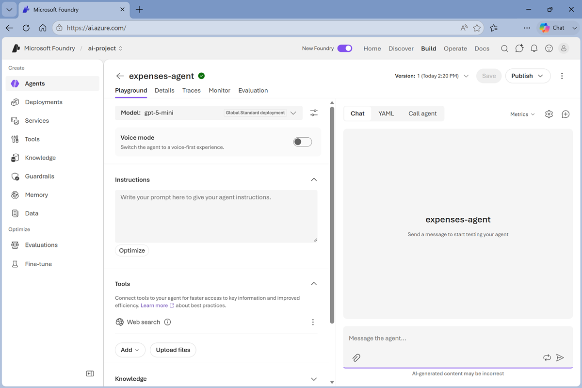 Screenshot of the agent playground.