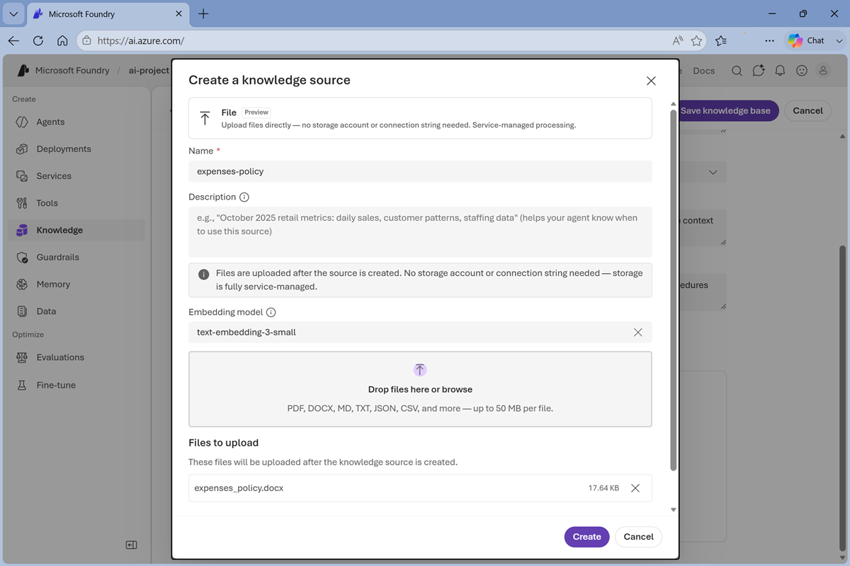 Screenshot of the Create a knowledge source dialog.