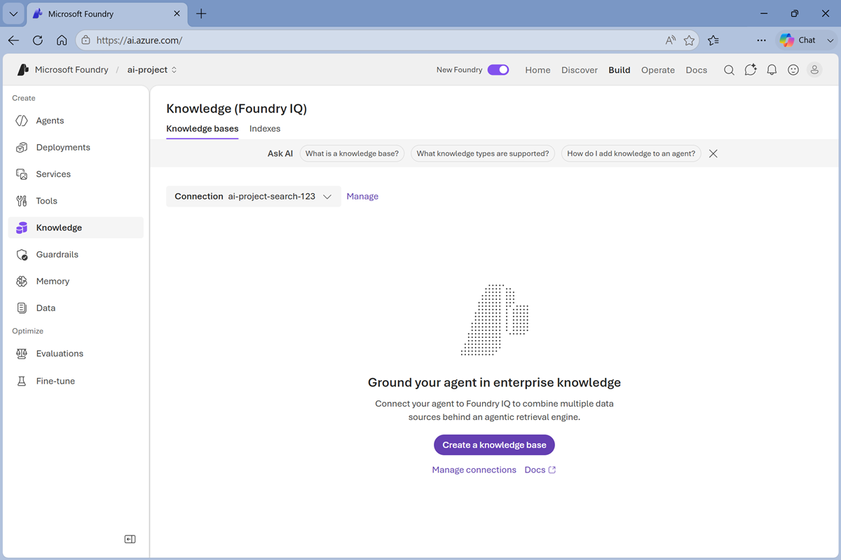 Screenshot of the Foundry IQ knowledge bases page.