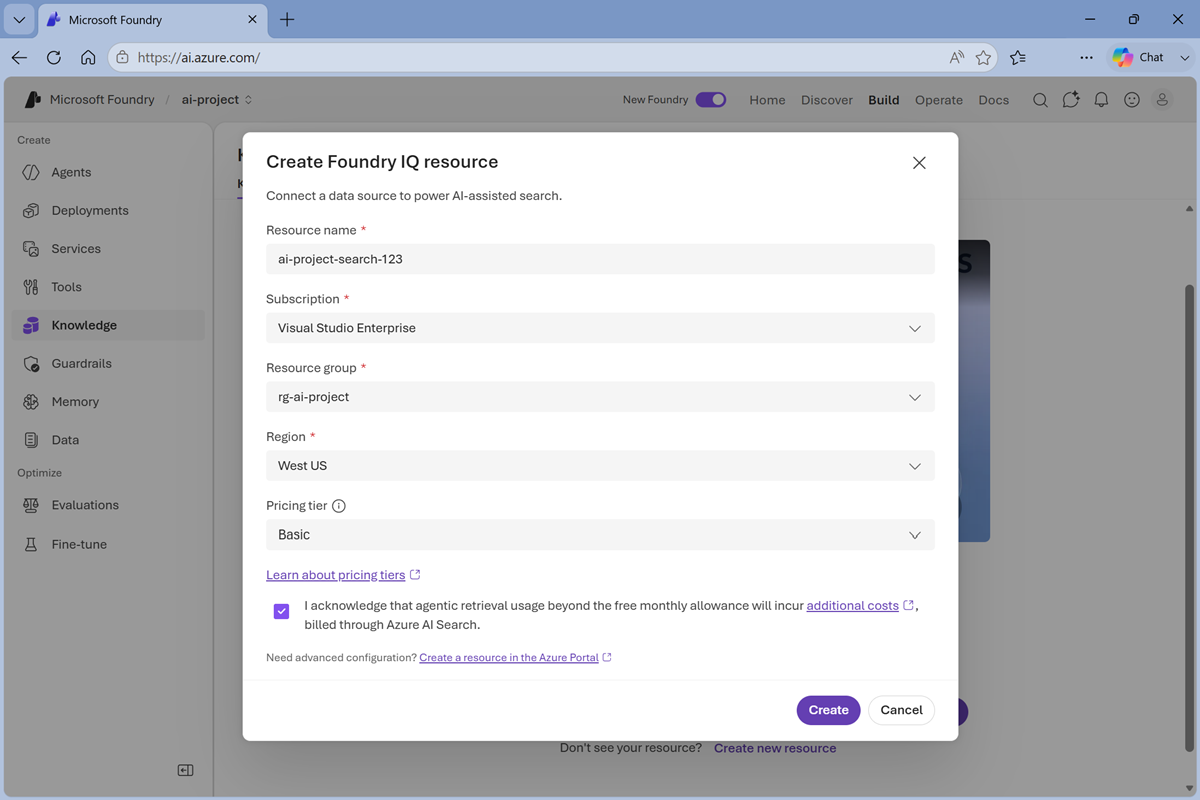 Screenshot of the Foundry IQ Resource dialog.