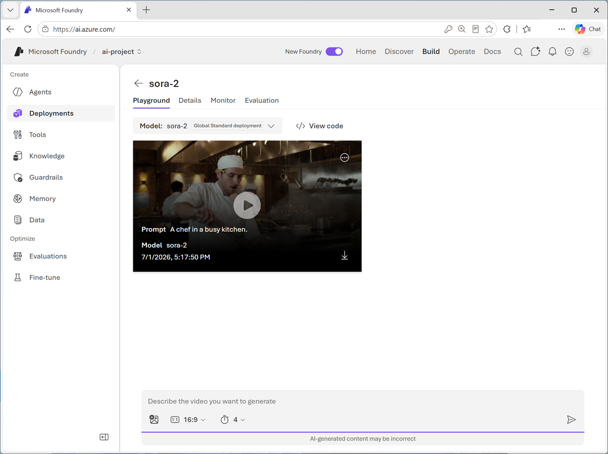 Screenshot of the video playground with a generated video.