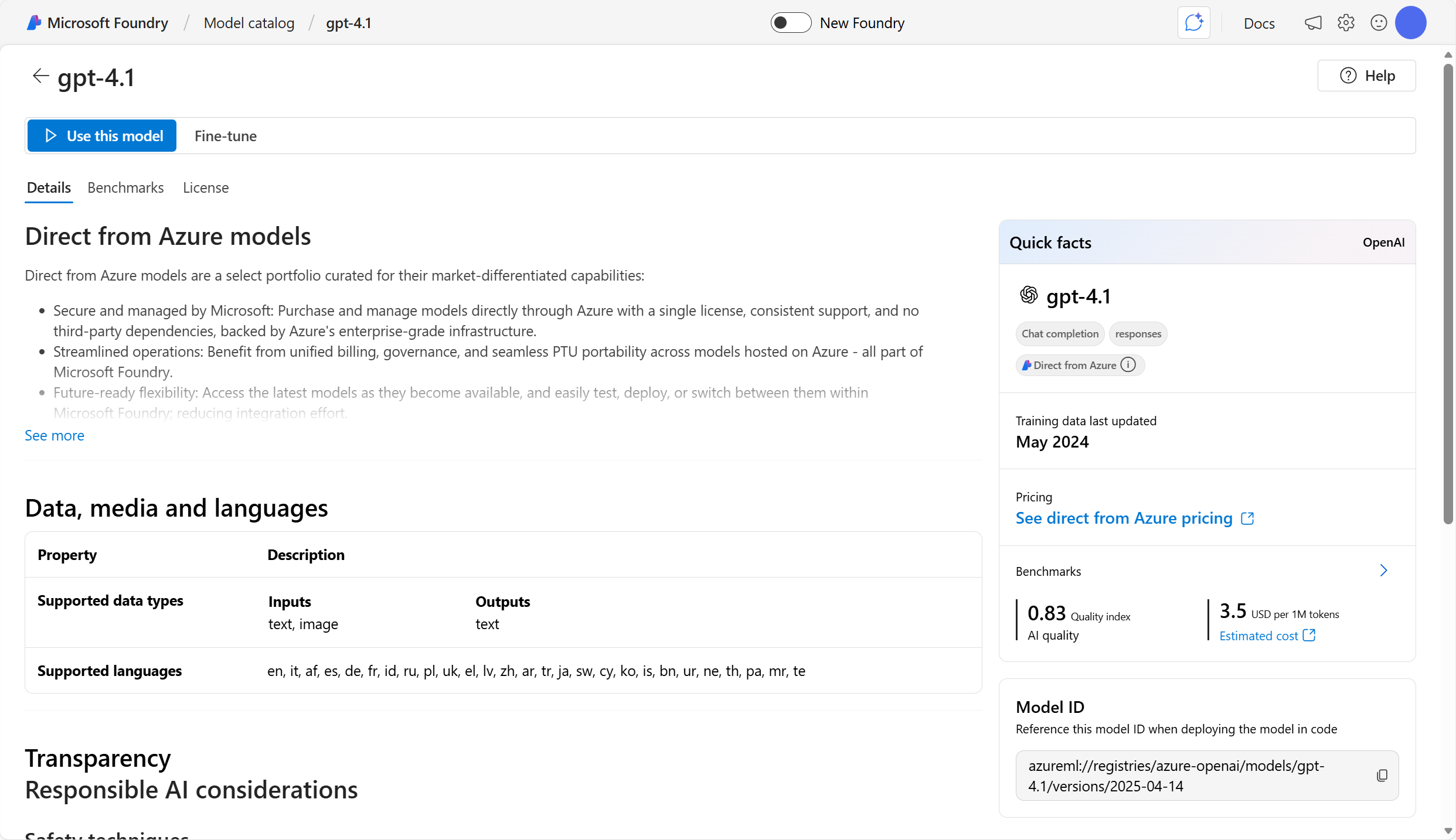 Screenshot of the gpt-4.1 details page.