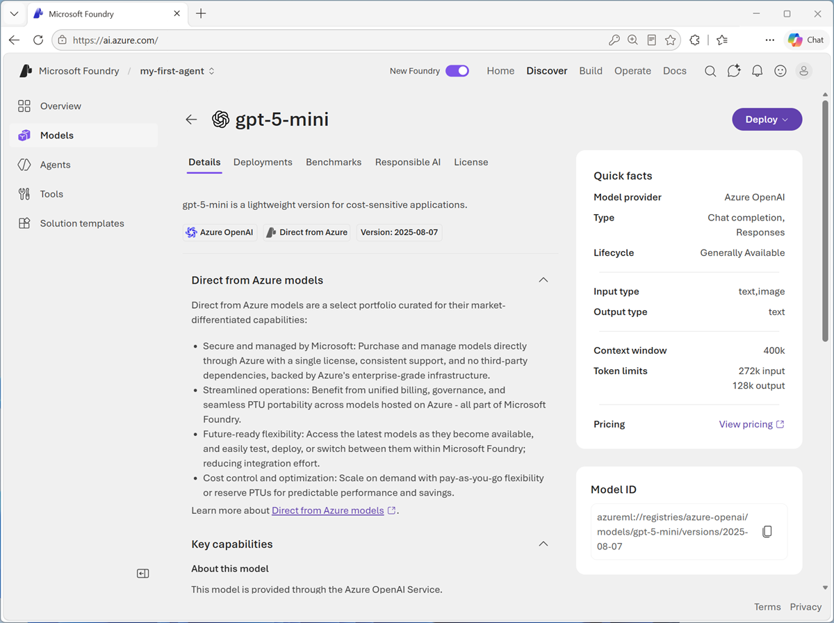 Screenshot of the gpt-5-mini model page.