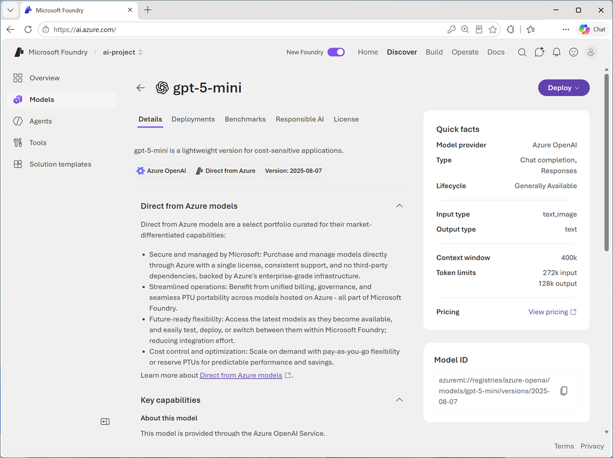 Screenshot of the gpt-5-mini model page.