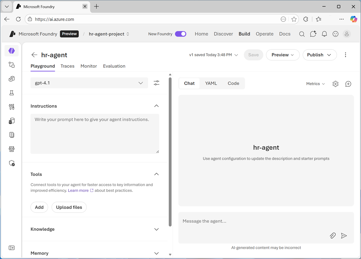 Screenshot of the agent playground.