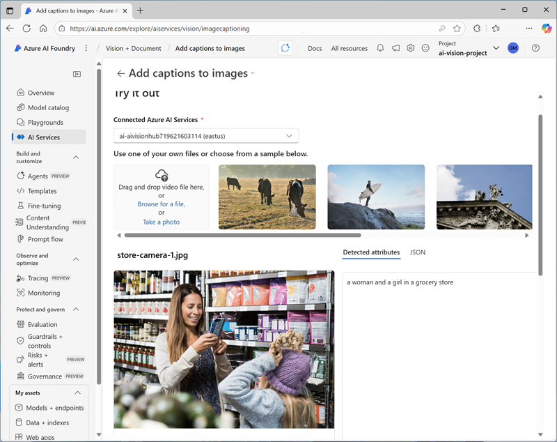Screenshot of Add captions to images page with an analyzed image.