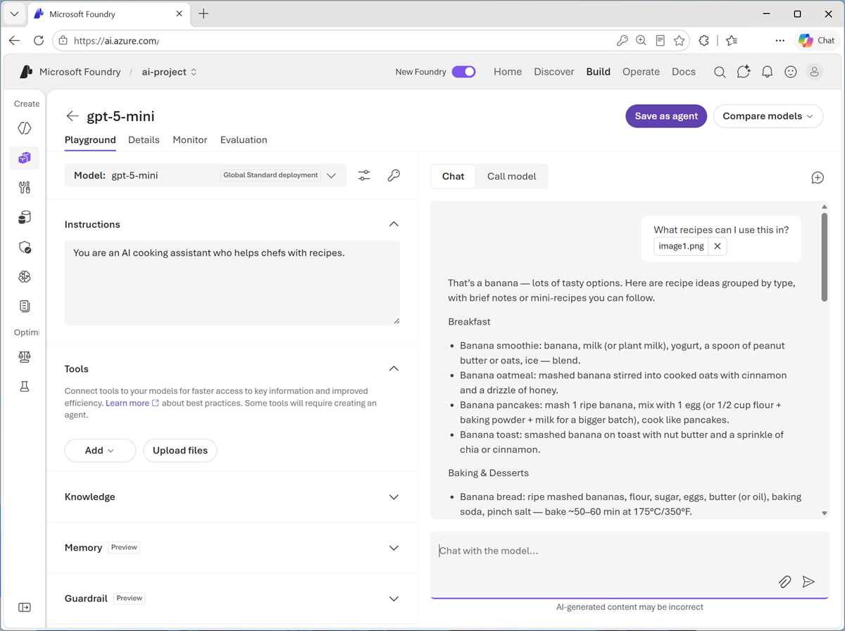 Screenshot of the chat app with the response to an image-based prompt.
