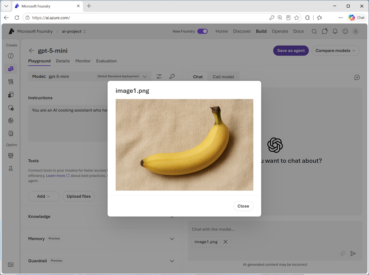 Screenshot of a chat with an image in a prompt.