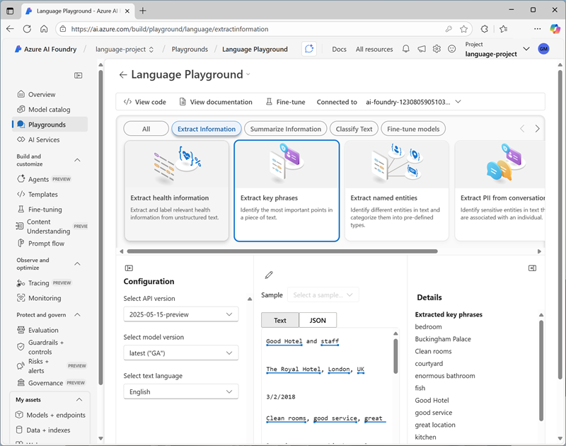Screenshot of the Extract key phrases interface in the Language playground.