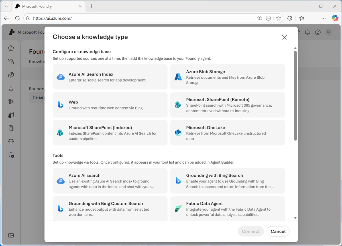 Screenshot of knowledge bases types.