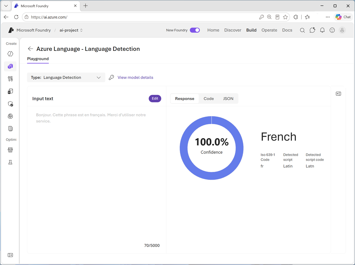 Screenshot of a detected language in the Playground