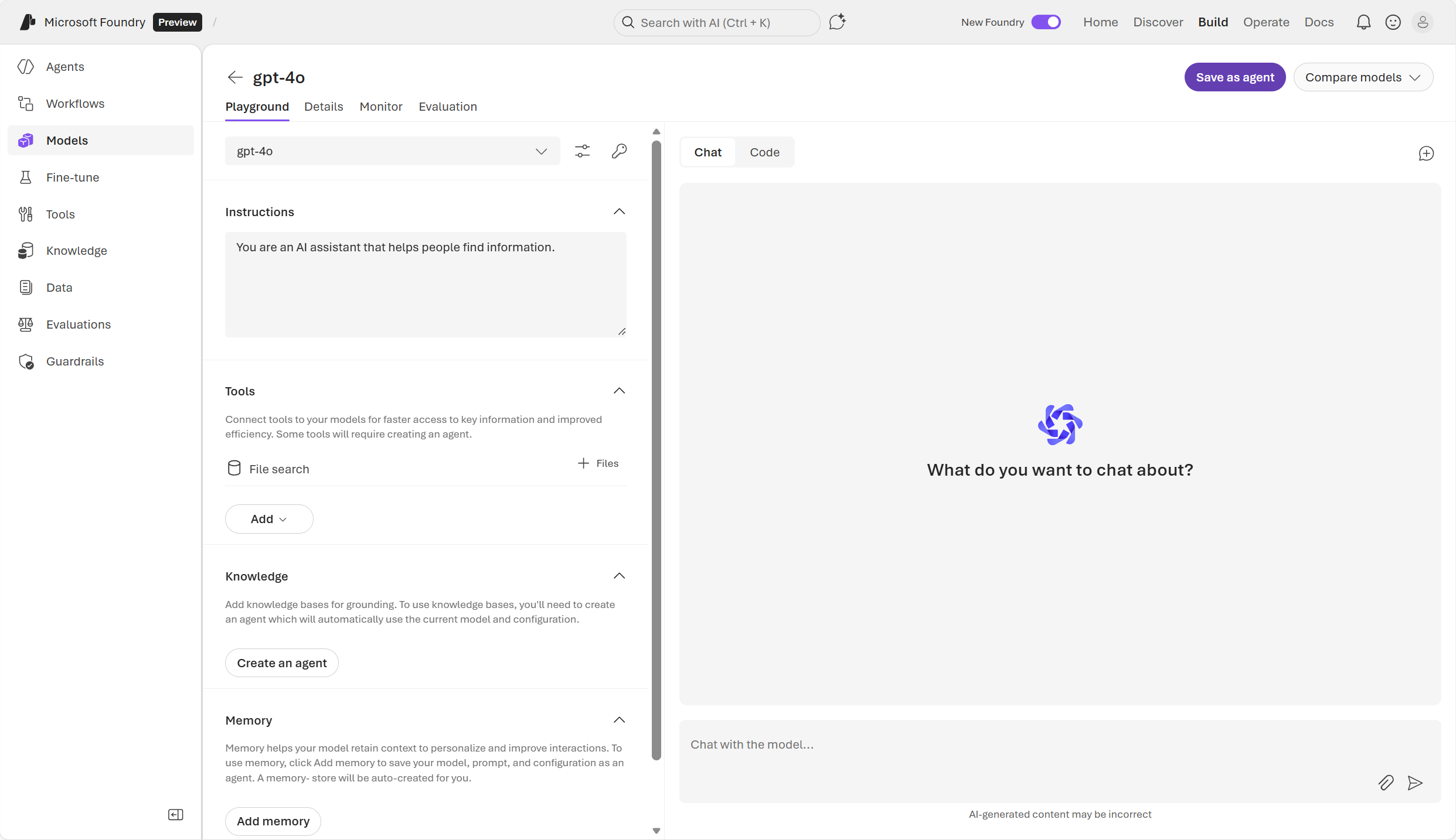 Screenshot of the new Foundry chat playground page set to test the gpt-4o model.