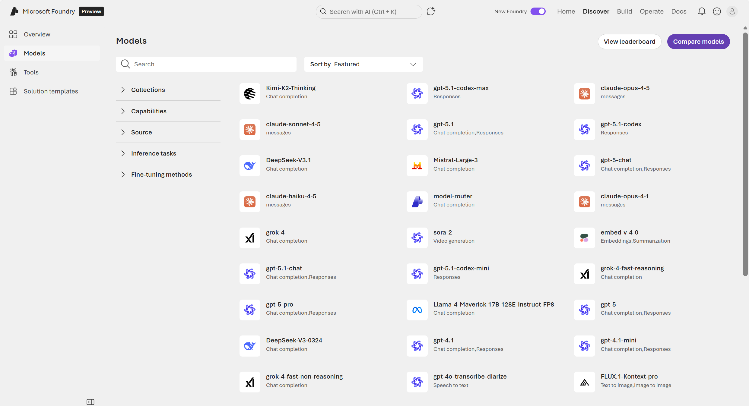 Screenshot of the new Foundry Models main page.