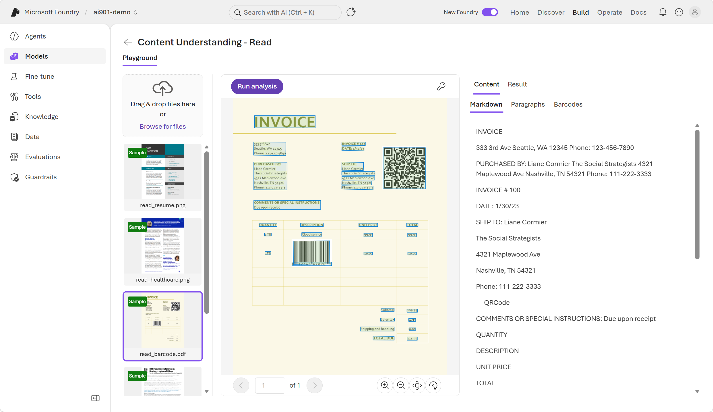 Screenshot of the results of analysing the sample invoice.