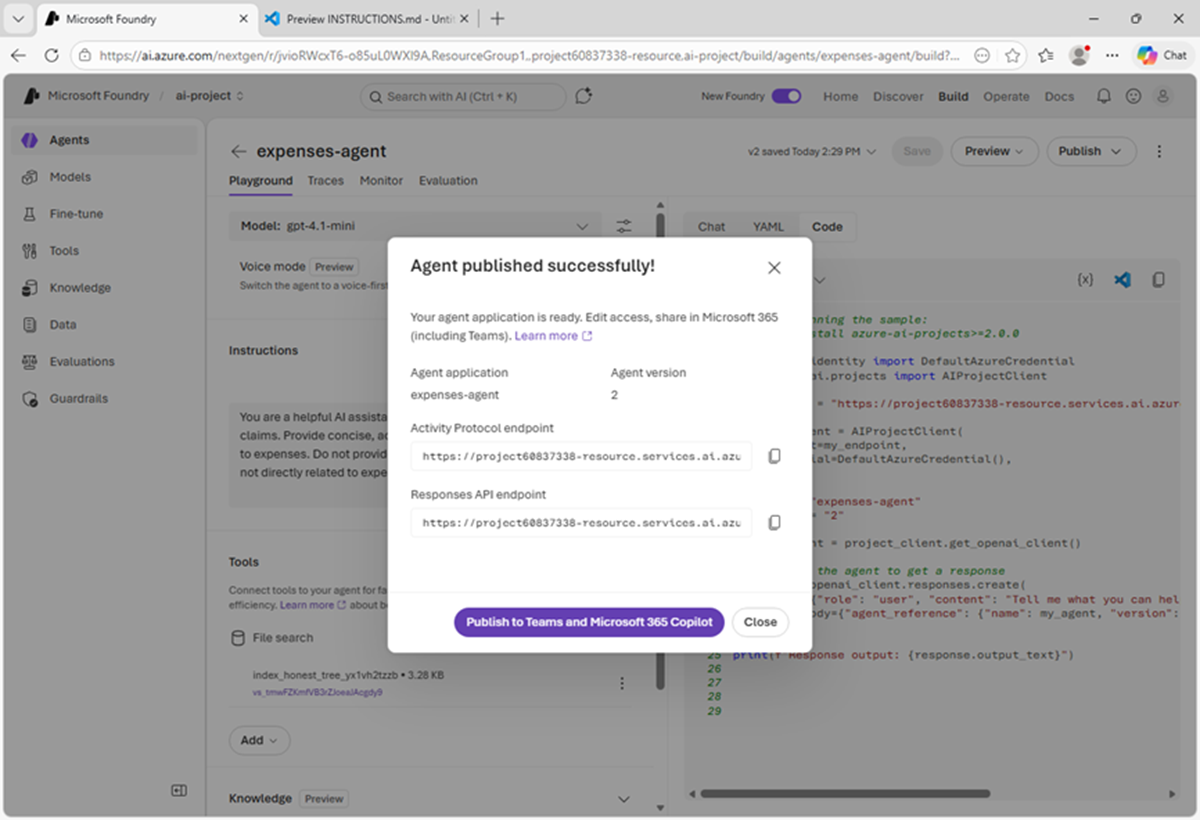 Screenshot of the agent publishing confirmation message.